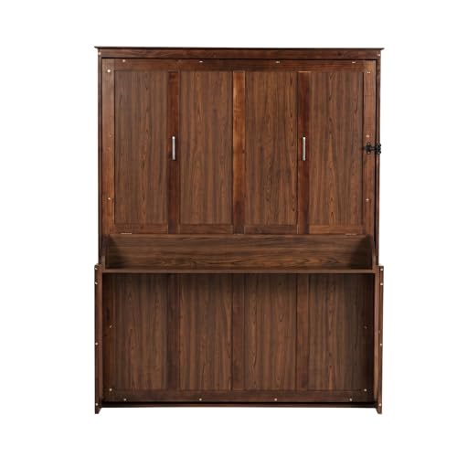 SOFTSEA Queen Size Murphy Wall Bed Frame with Desk, Walnut | Space-Saving Hidden Wall Bed with Desk, Gas Struts, Vertical Murphy Bed Cabinet for Guest Room Home Office - color: Walnut
