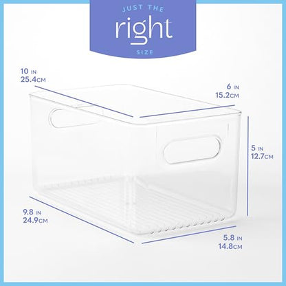 Plastic Food Storage 4 Pack Clear Container Bin with Handles for Organizing Kitchen, Pantry, Fridge, Freezer, Pantry,Bathroom. 10"x6"x5" - size: 10x6x5