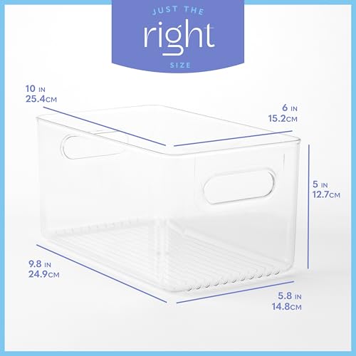 Plastic Food Storage 4 Pack Clear Container Bin with Handles for Organizing Kitchen, Pantry, Fridge, Freezer, Pantry,Bathroom. 10"x6"x5" - size: 10x6x5