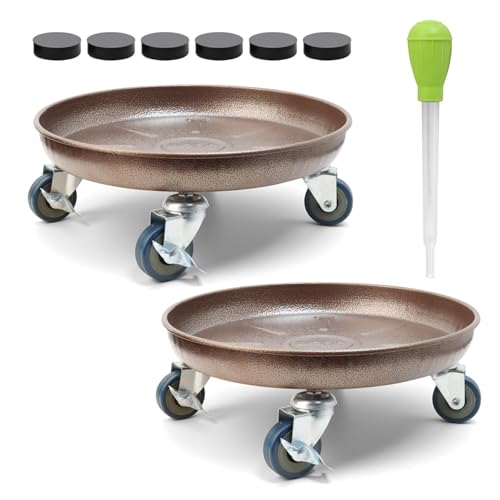 2 Pack 12.2 Inch Metal Plant Caddy With Lockable Wheels,Plant Stand Dolly for Heavy Planter,Wheeled Planter Saucer Tray,Rolling plant stand,Heavy-Duty Plant Caddy for Indoor and Outdoor(Copper) - color: Copper, size: 12.2 INCH 2PACK
