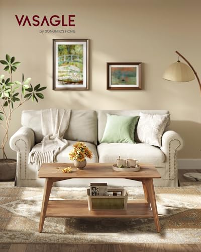 VASAGLE MAEZO Collection - Coffee Table, 2-Tier Center Table with Storage, Tapered Legs, Curved Transitions, 21.7 x 39.4 x 17.7 Inches, Easy to Assemble, for Living Room, Honey Brown ULCT249K01 - color: Honey Brown