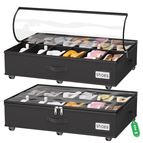 Under Bed Shoe Storage with Wheels, Fits 24 Pairs, Rolling Shoe Organizer with Bottom Support & Clear Lids, Sturdy Under Bed Storage Box for Shoes, Set of 2, Black - color: Black
