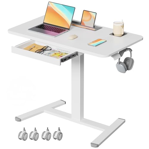 Mobile Standing Desk with Drawer, 35"×20" Small Desk, White | Portable Laptop Workstation with Cup Holder and Hooks, Height Adjustable Rolling Desk with Wheels, Teacher Classroom Use - color: White, size: 35"