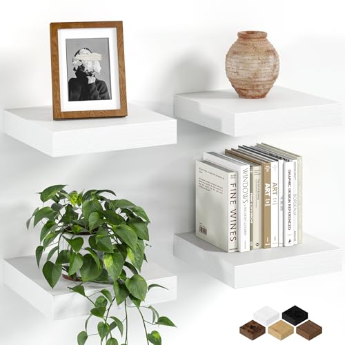 Fun Memories Floating Shelves for Wall, 8 Inch Set of 4 Rustic Wood Wall Shelves with Invisible Brackets, Heavy Duty Storage Display for Bathroom Bedroom Living Room Kitchen, White - color: White, size: 8"D x 8"L - 2Pack