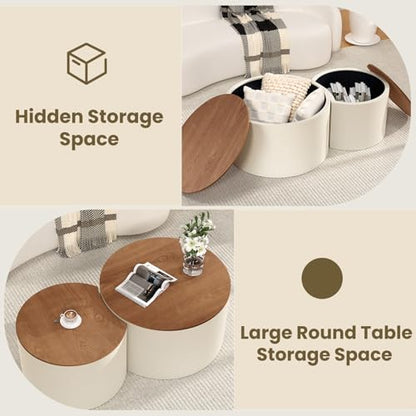 Nesting Coffee Table Set of 2, Round, White | Hidden Storage, Leather Wrapped, Stackable End Tables, No Assembly Required, For Small Space Living Room Apartment - color: White