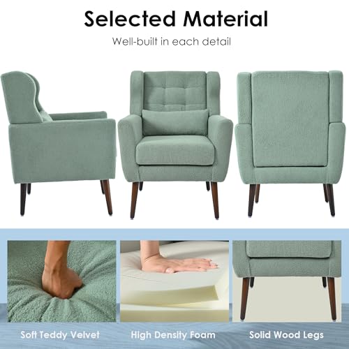 Accent Chair, Living Room Chairs with Solid Wood Legs & Pillow | Chairs Living Room with High Tufted Backrest, Reading Chair for Bedroom/Office, Teddy Fabric - color: Light Green(a)