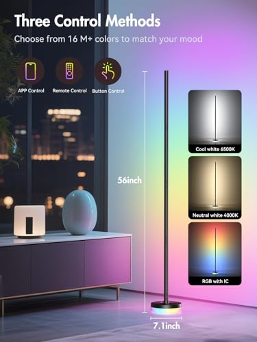 Corner Floor Lamp, RGBICW LED Corner Lamp with 1300lm Smart Modern Floor Lamp,App & Remote Control,Music Sync,Color Changing Standing Lamp for Bedroom Living Room and Gaming Rooms - size: 1 Pack