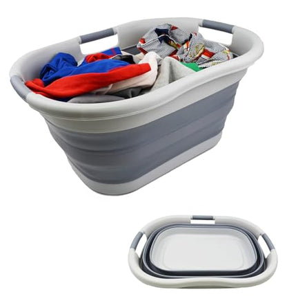 SAMMART 40L (10.5 gallon) Collapsible Plastic Laundry Basket - Foldable Pop Up Storage Container/Organizer - Portable Washing Tub - Space Saving Hamper/Basket (1, Grey/Dark Grey) - color: Grey/Dark Grey