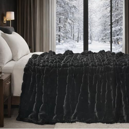Cozy Bliss Deluxe Sheared Rabbit Faux Fur Throw Blanket, Soft Fuzzy High-Low Sculpted Plush Blanket for Couch, Cozy Home Accent, All Season Use, Black 50"x60" - color: Stripe - Black, size: Throw(50" x 60")