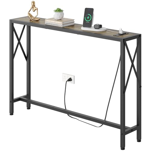 Gewudraw Narrow Console Table with Socket, Sofa Table Behind Couch | 41.8" Couch Table, Industrial Style, Long Skinny Design,For Hallway,Living Room,Bedroom, Built-In Outlets & USB,140cm Length - color: Light Grapefruit, size: 41.7 in