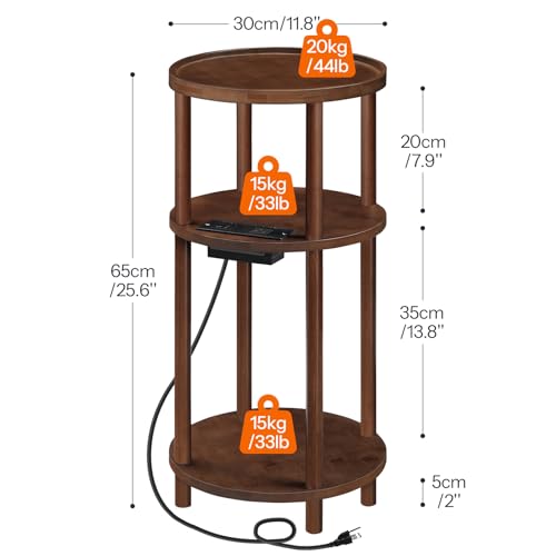 HOOBRO Small Round Side Table with Charging Station, 3-Tier Round Bamboo End Table, Compact Sofa Bedside Table for Small Space, Easy Assembly, for Living Room, Bedroom, Apartment, Mocha MA152UBZ01 - color: Mocha