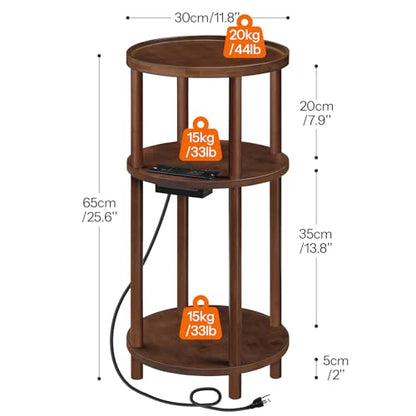 HOOBRO Small Round Side Table with Charging Station, 3-Tier Round Bamboo End Table, Compact Sofa Bedside Table for Small Space, Easy Assembly, for Living Room, Bedroom, Apartment, Mocha MA152UBZ01 - color: Mocha