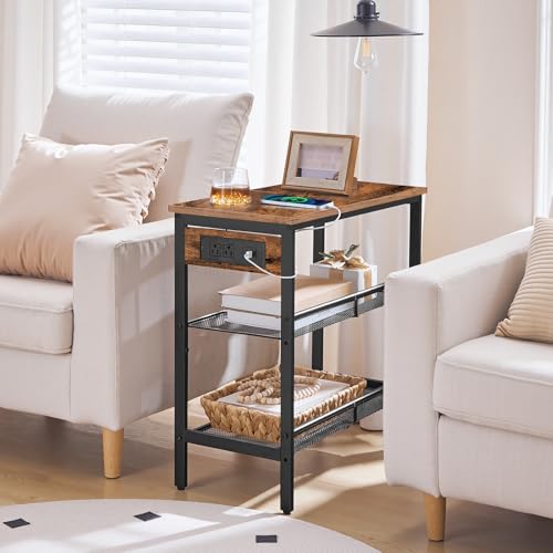 HOOBRO End Table, 3-Tier Narrow Side Table with Charging Station, Nightstand with 2 Flat or Slant Adjustable Shelves for Small Spaces, Living Room, Bedroom, Rustic Brown and Black BF23UBZ01G1 - color: Rustic Brown + Black