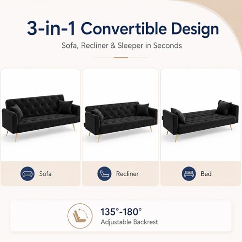 Majnesvon 71" Convertible Folding Sleeper Sofa Couch,Modern Velvet Loveseat Sleeper with 2 Pillows, Futon Sofa Bed with Mattress and Frame for Living Room,Bedroom,Small Space (Black) - color: Black