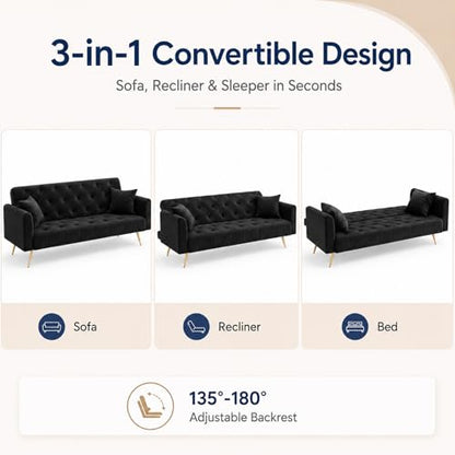 Majnesvon 71" Convertible Folding Sleeper Sofa Couch,Modern Velvet Loveseat Sleeper with 2 Pillows, Futon Sofa Bed with Mattress and Frame for Living Room,Bedroom,Small Space (Black) - color: Black