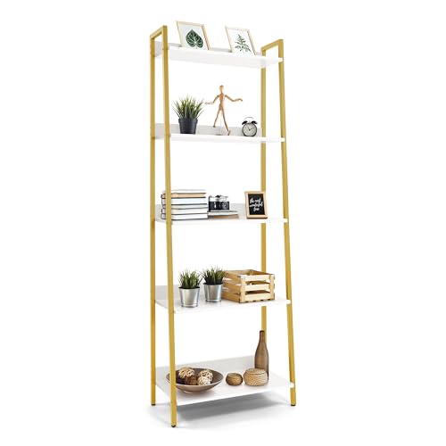 CAPHAUS 5 Tier Ladder Bookshelf, 24 Inch Width Free Standing Shelf, Bookcase Shelf Storage Rack Organizer, Industrial Book Shelves for Home Office, Living Room, Kitchen, White Shelves & Gold Frame - color: Gold, size: 5-Tier