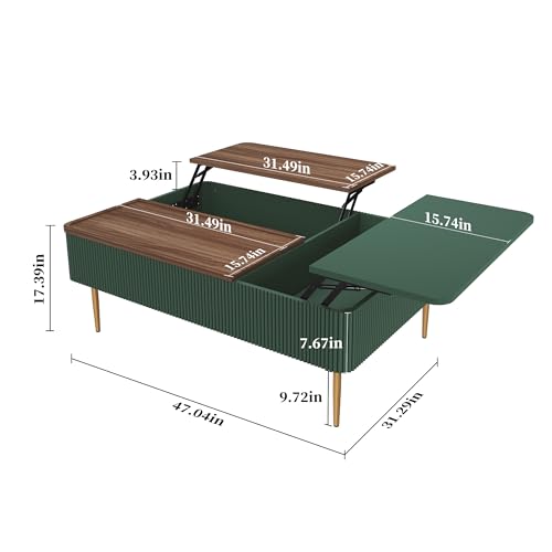 HLR 47" Dual Lift Top Coffee Table with Storage, Modern Wood Fluted Coffee Table with Hidden Compartment,Lift Tabletop Dining Center Table for Living Room, Office (Green)