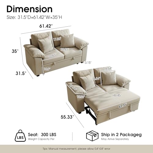 61” Pull Out Couch, 2 in 1 Sleeper Sofa Bed with Throw Pillow, Convertible Small Loveseat Sleeper Couch for Living Room, Bedroom, Apartment (Sand) - color: Sand, size: 2 Seat Sleeper