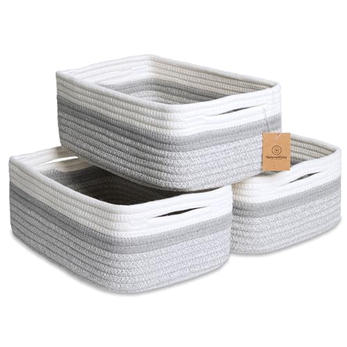 NaturalCozy 11.8"x8"x4.5” Storage Baskets for Shelves 3 Pack | Cotton Rope Woven Small Baskets for Organizing | Small Storage Bins for Nursery, Bathroom, Closet, Cube Shelf, Decorative, Gift Basket - color: Off White & Gray & Mixed Gray, size: 11.8" x 8"