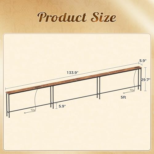 Huuger 133.9 Inch Sofa Table with Power Outlets, Skinny Behind Couch Table | 5.9 Inch Narrow Entryway Table, Extra-Long Console Table, Behind the Couch Table with Outlet for Living Room, Rustic Brown - color: Rustic Brown, size: 5.9"D × 133.9''W × 29.7''H