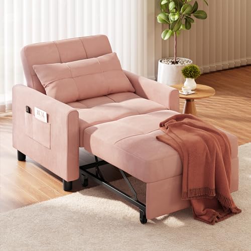 Convertible Sleeper Chair Sofa Bed, 3-in-1 Pull Out Sofa Chair, Pink | 3 in 1 Chair Bed, Adjustable Backrest, Storage Pocket, Compact Fit for Living Rooms, Apartments, Guest rooms - color: Pink Premium Velvet