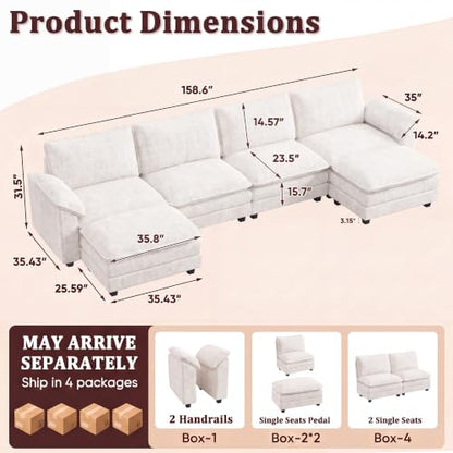 JUMMICO 159" U-Shaped Shaped Sectional Couch, Modular Cloud Sofa, White | 2 Movable Ottoman,4 Deep Seats, Sturdy Frame, Comfy Chenille, Easy Assembly, Sleeper Sofa for Living Room, Apartment - color: White, size: U Shaped Sofa