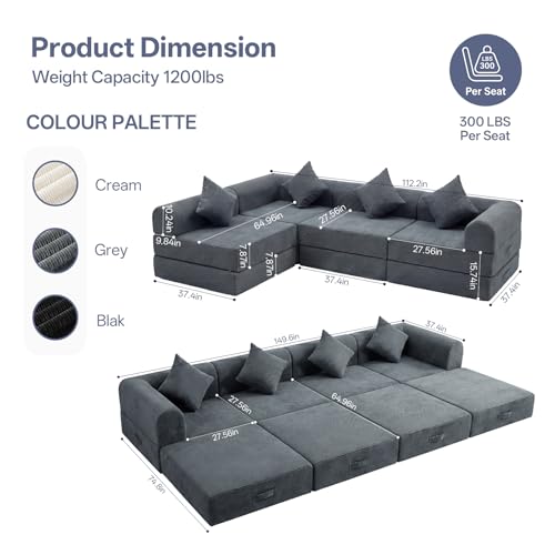 112" L Shaped Modular Sectional Sofa with Ottoman, Cloud Boneless Couch Deep Seat with 4 Pillows, Oversized Folding Sofa Bed Couches for Living Room Bedroom,No Assembly-Grey - color: Grey, size: 4 Seat