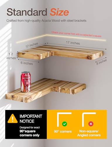 BATODA Acacia Corner Floating Shelves 17“x12”, Wall Shelves - Floating Book Shelves for Wall, Corner Bookshelf for Home Decor - Wooden Shelves with Bracket and Hardware, Boho Decor (Natural Color) - color: Natural Color