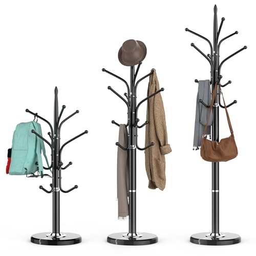 HzTinT Heavy Duty Coat Rack with Marble Base, 12 Hooks, Adjustable Heights | Freestanding Coat Tree, Metal Coat Stand, For Coats, Bags & Hats in Entryway, Black