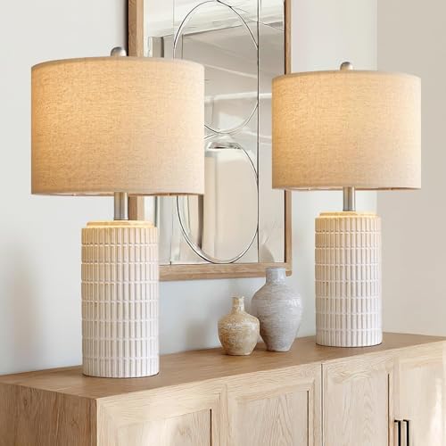 PoKat 24" Modern Ceramic Table Lamps Set of 2 for Bedroom, White Bedside Lamps for Night Stands, Farmhouse Desk Decor Nightstand Table Lamps for Living Room End Table Beige - color: 24'' Medium - Beige and White