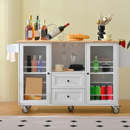 Kitchen Island Cart with Drop Leaf 13 Storage Areas 5 Lockable Wheels Solid Wood White Modern Kitchen Island Table Cart Rolling for Small (White)