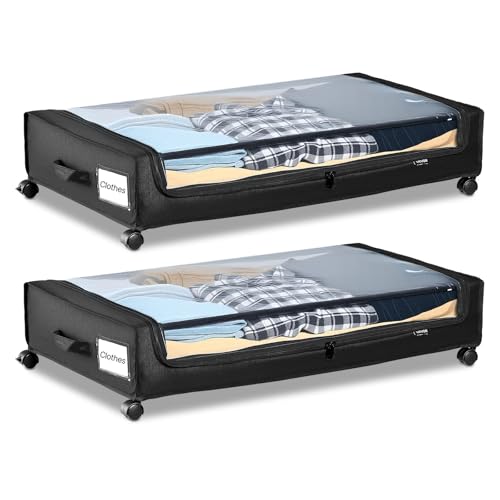 VEVOR Under Bed Storage with Wheels, 30.3 x 18.5 x 6.8 inch, Underbed Containers with Clear Lid, Underbed Shoe Organizer, Rolling Under the Bed Storage Bins for Clothes Shoes Blankets Bedroom, 2 Pack - style: C