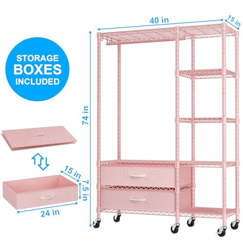F3R Heavy Duty Clothes Rack（With Lockable Wheels）Freestanding Clothing Racks for Hanging Clothes，Adjustable Closet Organizer System，Portable Garment Rack 40"W x 15"D x 74"H，Max Load 700LBS，Pink - color: Pink, style: Rolling