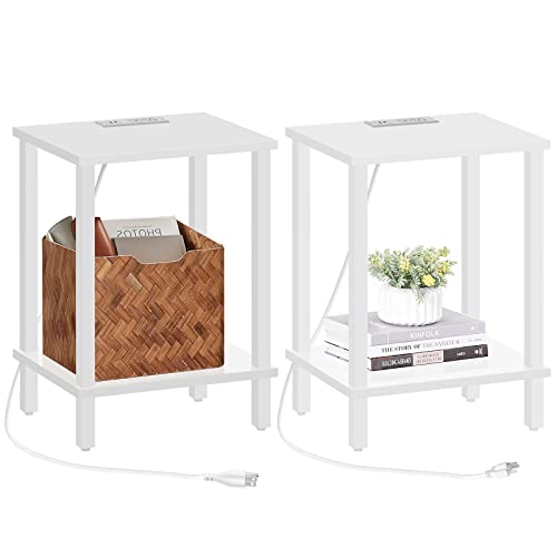 TUTOTAK End Table with Charging Station, Side Table Set of 2, Nightstand | 2-Tier Storage Shelf, Bedside Table with USB Ports, Sofa Table for Small Space, Livingroom, Bedroom White TB01BW041 - color: White
