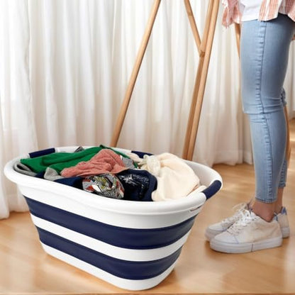 SAMMART 40L (10.5 gallon) Collapsible Plastic Laundry Hamper - Foldable Pop Up Storage Container/Organizer - Portable Washing Tub - Space Saving Basket (1, White/Starry Blue) - color: White/Starry Blue