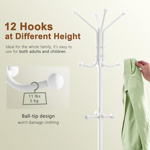 Hoctieon Coat Rack Freestanding, Coat Tree with Umbrella Holder, Metal Coat Rack Stand with 12 Hooks, Standing Coat Hanger Stand, Umbrella Stand for Entryway, Hat Rack Stand for Home Office, White | Metal Coat Rack Stand with 12 Hooks, Standing Coat Hange