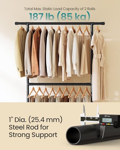 SONGMICS Heavy-Duty Clothes Rack, Double-Rod Clothing Rack for Hanging Clothes, Industrial Garment Rack on Wheels, Adjustable Metal Frame, 2 Casters with Brakes, Commercial Display, Black UHSR62BK | Industrial Garment Rack for Hanging Clothes, 2 Casters w