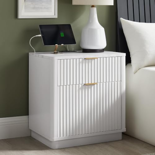 T4TREAM 23'' Fluted Nightstand with Charging Station, Modern, Solid White | Large 2 Drawer, Curved Profile, Mid-Century, Bedside Table with Storage, End Table for Living Room, Bedroom, Side Table - color: Solid White