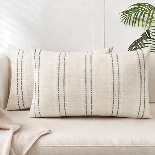 12x20 Decorative Farmhouse Linen Blend Throw Pillow Covers, Boho Textured Pillow Case, Set of 2, Beige with White & Gray Stripes Cushion Cover for Sofa Living Room (Cover ONLY) - color: Beige With White & Gray, size: 20" x 12" (Pack of 2)