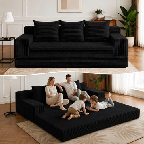 2 in 1 Convertible Boneless Couch Bed, Corduroy futon Sofa Bed, Compression Folding Floor Couch Sofas Bed with 3 Pillows for Bedroom, Small Space Guest and Living Room Sofa (Black, 78 Inches) - color: Black, size: Oversize 3 seater