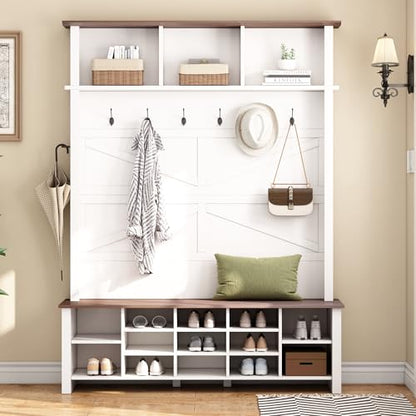 JIVOIT Farmhouse Retro Style Hall Tree, Multi-functional 4-in-1 Design Hall Tree, Practical Walnut Entryway Bench with Adjustable Shelves, Shoe Organizer with 16 Open Compartments for Entryway - color: White/07