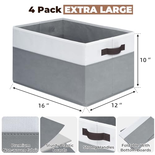 Extra Large Storage Bins 4 Pack - 16x12in Closet Organizers and Storage Baskets for Organizing Clothes Toy Blanket - Fabric Storage Cubes Containers for Shelves - All Room Organization - color: White with Grey, size: 4pcs - Rectangular 16"x12"