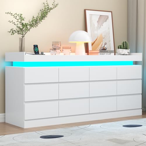 Gyfimoie 12 Drawer Dresser with Power Outlet, Modern Dresser with LED Light | Modern Chest of Drawers for Closet, Wide Drawer Organizer Cabinet for Bedroom,Living Room - color: White, size: 15.8"D x 62.8"W x 33.9"H (12 Drawers)