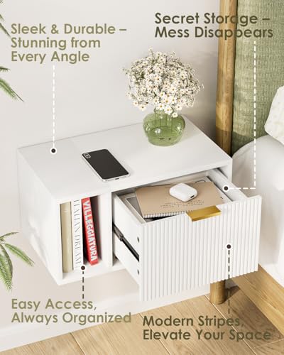 Masupu Floating Nightstand, Wall Mounted Floating Bedside Table with Storage Drawer and Open Shelf, Modern Bedroom Nightstand, 19.3" x 11.4" x 10", White - color: White