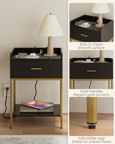 Masupu Nightstand with Charging Station,3-Tier Modern Bedside Night Stand with Storage Drawer and Shelf,Small End Side Table for Bedroom,Living Room,Gold and Black - color: Outlet-black
