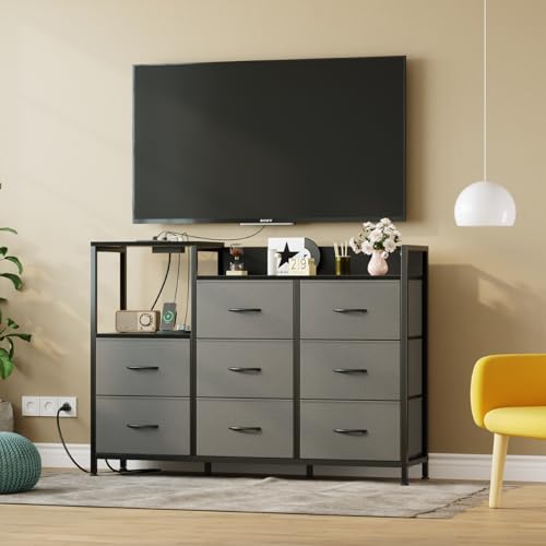 DUMOS LED Entertainment Center with Charging Station, TV Stand Dresser | Media Console for Living Room with 8 Fabric Storage Drawers, Open Shelves, Wooden Top, Hallway, Gray - color: Grey, size: 47.25"W x 11.81"D x 33.86"H (8 Drawers)