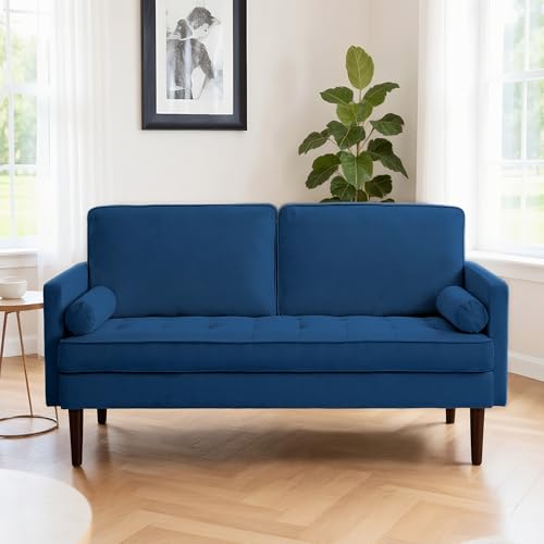 Modern Fabric Loveseat Sofa,2-Seater Small Couch Love Seat with Thick Cushion,65" Cozy Deep Seat Couches for Living Room Compact Home Office (Blue) - color: Blue