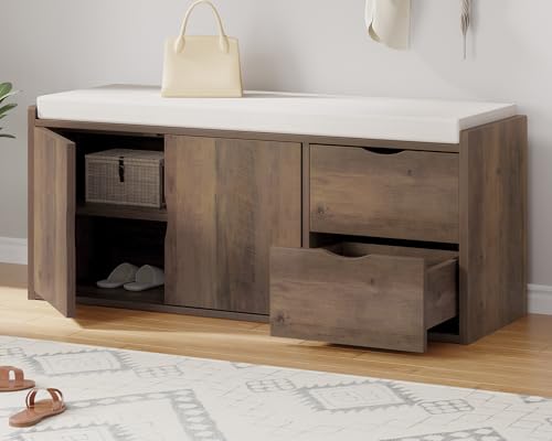 LVB Entryway Bench with Storage, 40" Shoes Bench with Padded Cushioned Seat | Farmhouse Shoe Bench with 2 Drawers Cabinet Shelf, Industrial Wood Shoe Rack Bench for Living Bedroom, Rustic Oak - color: Rustic Oak