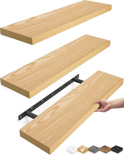 BAYKA Light Oak-Toned Floating Shelves 22.5in, Set of 3, Wall Mounted Shelf | Easy Install, 22lbs Max Load, Hidden Bracket, Shelving for Bathroom Bedroom Kitchen Display Storage, Multi-Wall Compatible - color: G. Oak-toned - Mid-century Revival Style, siz