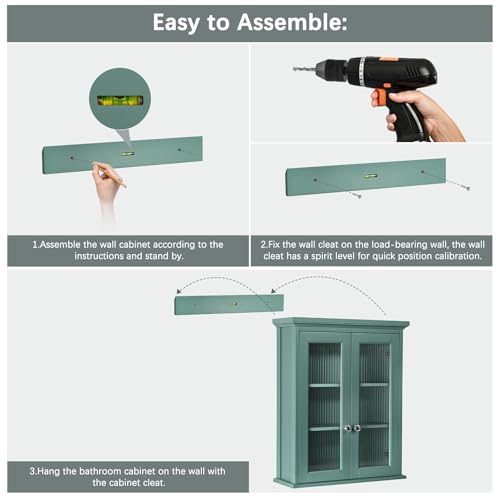 Over The Toilet Storage Cabinet, Bathroom Cabinet Wall Mounted with Built-in Level, Medicine Cabinet with Fluted Glass Doors, Wall Cabinet for Bathroom, Kitchen, Laundry Room, Halcyon Green - color: Halcyon Green